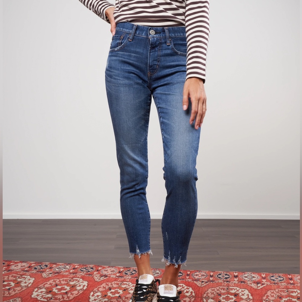 Moussy Tyrone Raw Hem Straight Slim Leg Blue High Waisted Skinny Jeans Size 28